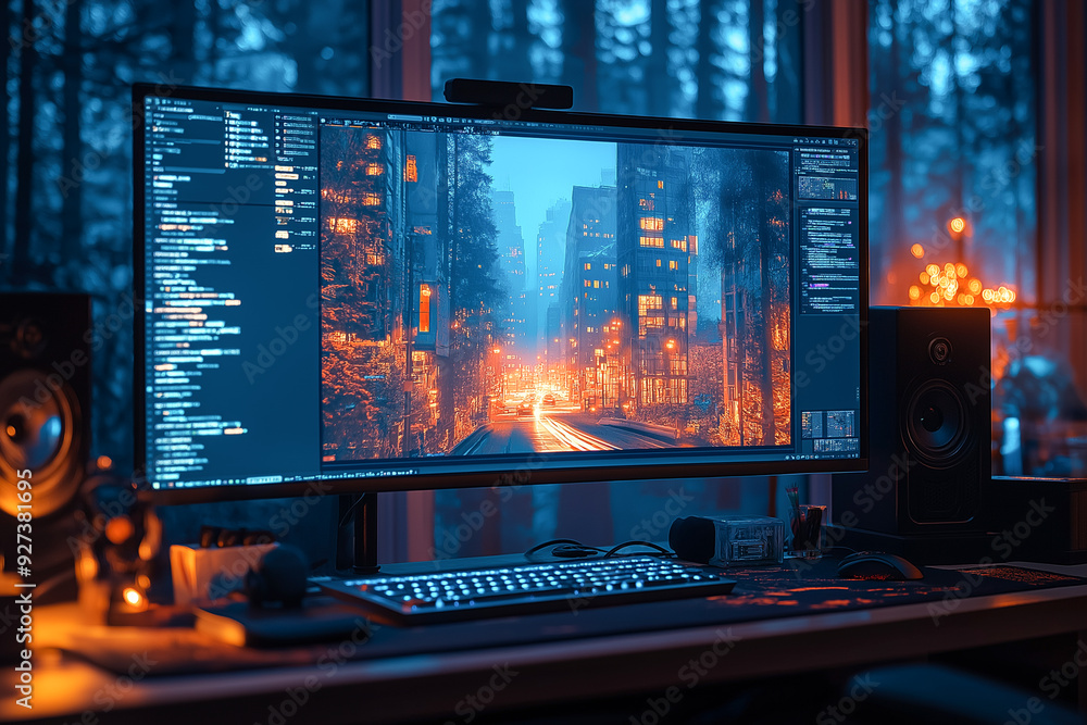 Poster video editing production studio work space computer monitor display for content creation