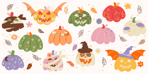 Hand drawn happy and cute halloween elements set. ghost, pumpkin, bat and hat clipart.