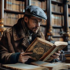 Historian Examining Antique Manuscript in Grand Library Curiosity and Doubt on Expression