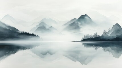 An elegant Asian scroll painting of misty mountains and calm waters, done in soft, minimal colors, conveying a sense of peace and natural beauty.