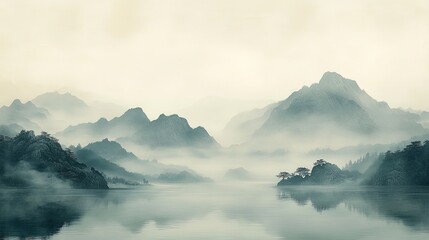 An elegant Asian scroll painting of misty mountains and calm waters, done in soft, minimal colors, conveying a sense of peace and natural beauty.