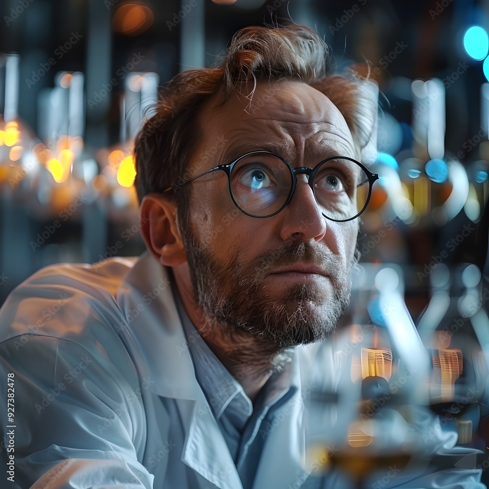 Poster puzzled scientist examining a mysterious discovery in high tech lab