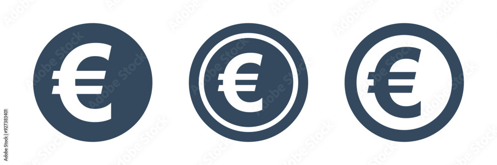 Wall mural 3 different coins with euro symbol, european union currency vector icons pack, round pictogram collection