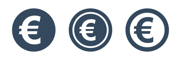 3 different coins with euro symbol, european union currency vector icons pack, round pictogram collection