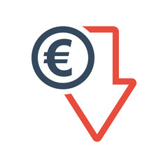 euro coin and red down arrow, negative economic dynamic concept, european union currency decrease exchange rate indicator