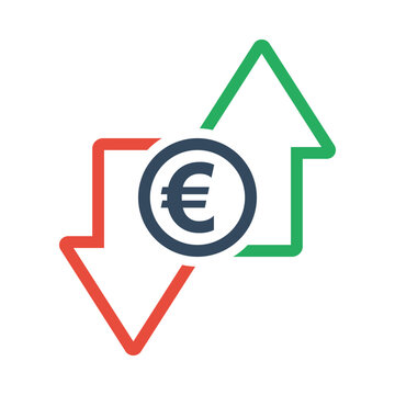 euro coin with green up and red down arrows, tax or inflation indicator, price or income vector outline icon