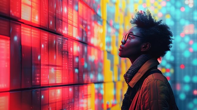 person woman is standing in front of a wall of colorful lights