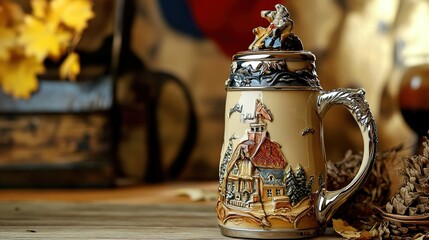 The Legendary German Beer Stein Mug: Classic and Ornate Design Featuring Traditional Bavarian Craftsmanship. This Iconic Beer Mug Showcases Detailed Decorations and a Historic Appeal, Perfect for Cele