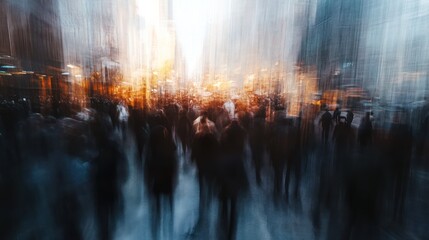Fototapeta premium Blurred Cityscape with Silhouetted Figures in Motion