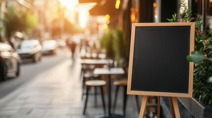 black empty chalkboard stands outside a restaurant, perfect for displaying daily specials or promotions, with the bustling city street in the background adding to the lively and in