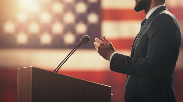 poised speaker at a podium, engaging the audience with a passionate speech, set against a patriotic backdrop that adds a sense of national pride and significance to the event, phot