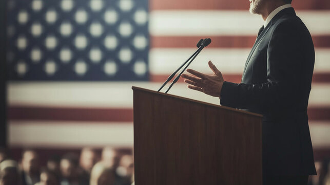 speaker stands confidently at a podium, addressing the audience with conviction, while a patriotic backdrop enhances the thematic atmosphere of the presentation, emphasizing themes