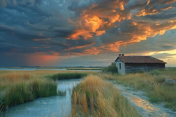 Dramatic Coastal Sunset with Rustic Cabin and Stormy Sky - A dramatic sunset casts a fiery glow over a tranquil beach, contrasting with an approaching storm above a rustic cabin.