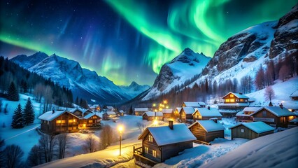 Snowy mountain village under a night sky with aurora lights, snow, village, mountains, night sky, aurora, winter