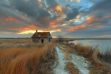 Dramatic Coastal Sunset with Rustic Cabin and Stormy Sky - A dramatic sunset casts a fiery glow over a tranquil beach, contrasting with an approaching storm above a rustic cabin.