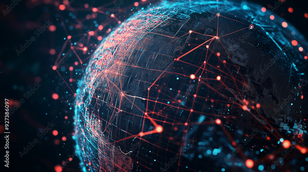 Poster abstract planet earth with glowing connections and data network, global communication technology con