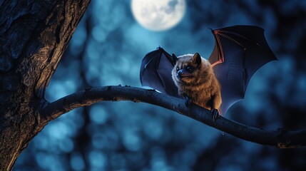 Obraz premium Enchanting Macro Image of a Tiny Bat on a Tree Branch, Surreal Night Setting with a Moon and Medieval Castle