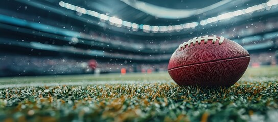 American football ball on grass, closeup view. Super bowl game
