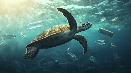 Obraz premium sea turtle is shown navigating through polluted ocean waters filled with discarded plastic bottles, effectively emphasizing the critical problem of marine pollution and the environ