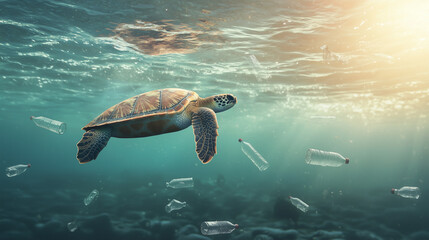 Fototapeta premium sea turtle swimming through ocean water littered with plastic bottles, vividly highlighting the pressing issue of marine pollution and its impact on sea life, photo