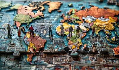 A miniature group of employees on an incomplete jigsaw board, working together to solve a problem.