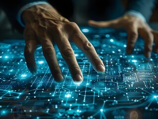 Businessperson Interacting with Futuristic Holographic Interface Symbolizing Advanced Technology and Progress