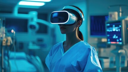 A healthcare worker, equipped with VR headsets, standing in a hospital room, representing cutting-edge medical training.