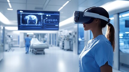 A healthcare worker, immersed in a VR environment, wearing a headset while in a modern hospital setting.