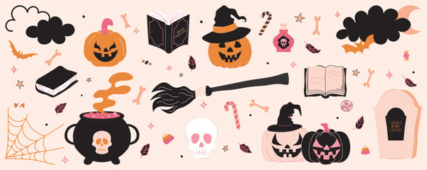 Hand drawn happy and cute halloween elements set. ghost, pumpkin, bat and hat clipart.