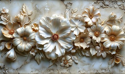 A decorative plaster wall texture featuring volumetric decorative flowers.