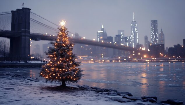 Illuminated Christmas Tree Against Snowy Brooklyn Bridge Skyline at Dusk