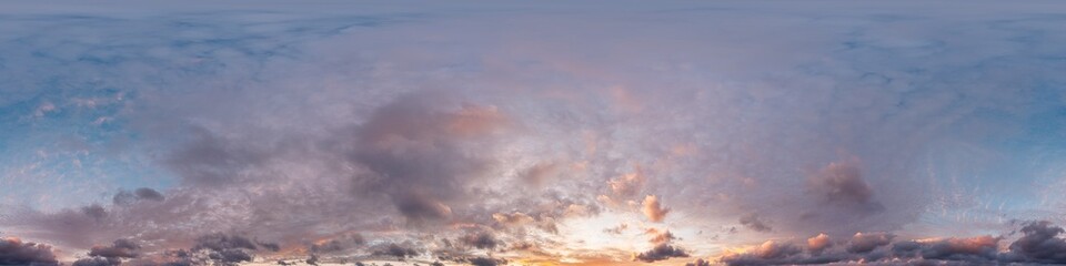 360 panorama of glowing sunset sky with bright pink Cumulus clouds. HDR 360 seamless spherical panorama. Full zenith or sky dome sky replacement for aerial drone panoramas. Climate and weather change.