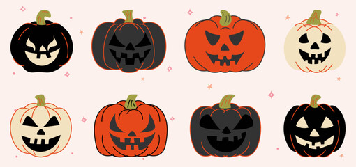 Hand drawn happy and cute halloween elements set.  pumpkin clipart.