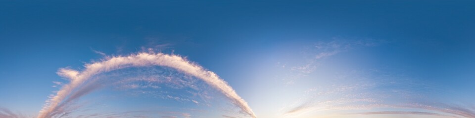 Sunset sky with bright glowing pink Cirrus clouds. Seamless spherical HDR 360 panorama. Full zenith or sky dome in 3D, sky replacement for aerial drone panoramas. Climate and weather change.