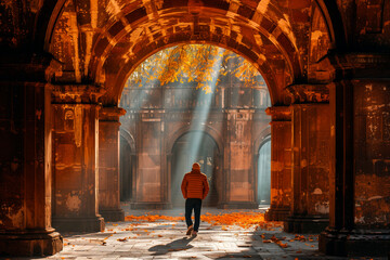 Man walking through a sunlit archway in an old stone building symbolizing a journey towards spiritual enlightenment and afterlife