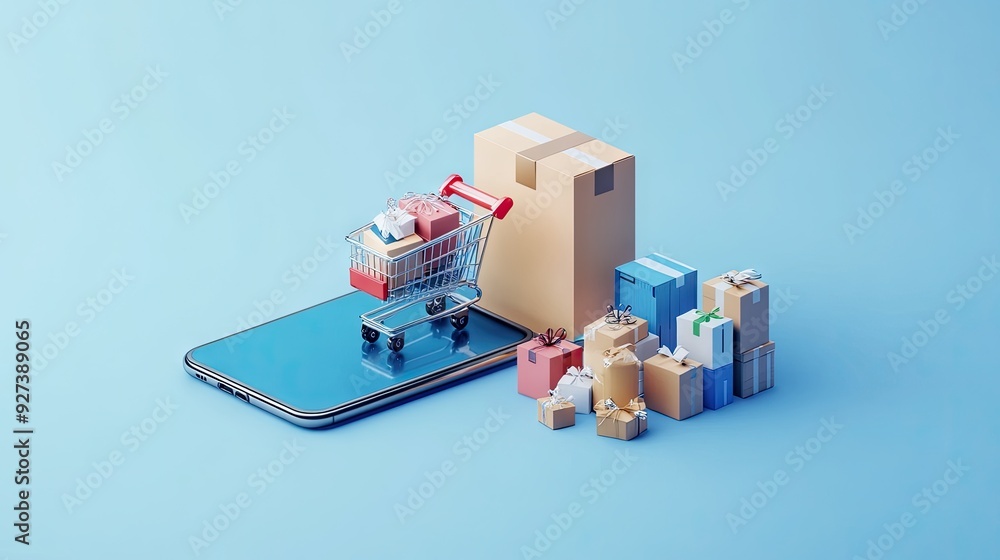Aufkleber a 3d mobile application interface showing e-commerce shopping and delivery services on a light blue 