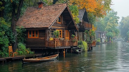 painting style illustration banner wallpaper, beautiful Oil painting of a wooden house by the canal village landscape, Generative Ai