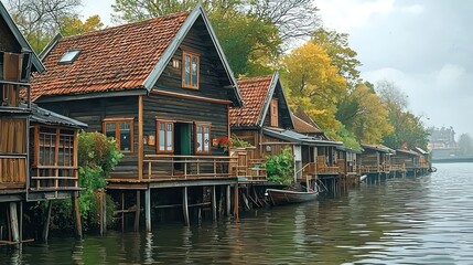 Obraz premium painting style illustration banner wallpaper, beautiful Oil painting of a wooden house by the canal village landscape, Generative Ai