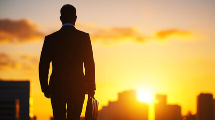 Fototapeta premium A business professional observes a stunning sunset skyline, representing ambition, opportunity, and reflection for future endeavors.