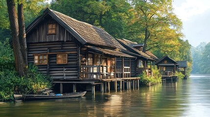 Naklejka premium painting style illustration banner wallpaper, beautiful Oil painting of a wooden house by the canal village landscape, Generative Ai