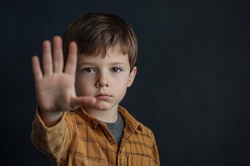 Young Boy Holding Up His Hand in a Stop Gesture