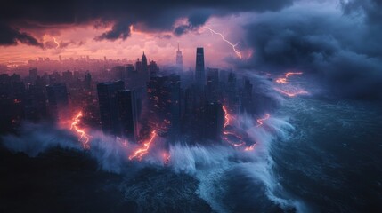 Apocalyptic Storm with Lightning and Waves Engulfing City - A dramatic apocalyptic scene as a fierce storm with lightning and massive waves engulfs a city, creating a surreal and chaotic atmosphere.