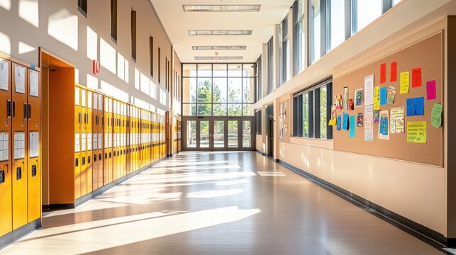 A bright school hallway with lockers and colorful bulletin boards.