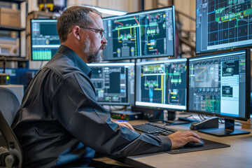 engineer working on multiple monitors controlling application