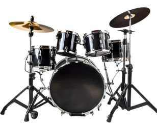 Black and silver drum kit on a white isolated background. Generative AI.