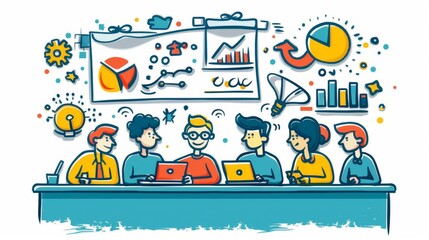 Obraz premium Cartoon vector team brainstorming marketing strategies to boost sales