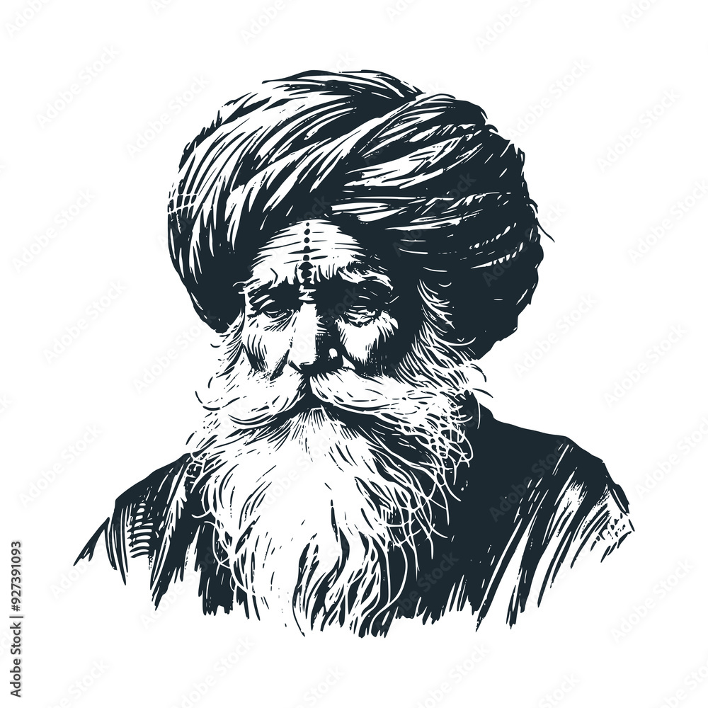 Poster Old Muslim with his turban. Black white vector illustration.
