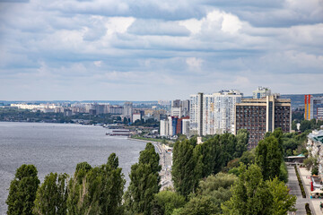 Top view of the city of Saratov near the Volga River, Russia. A summer day, clouds in the sky.