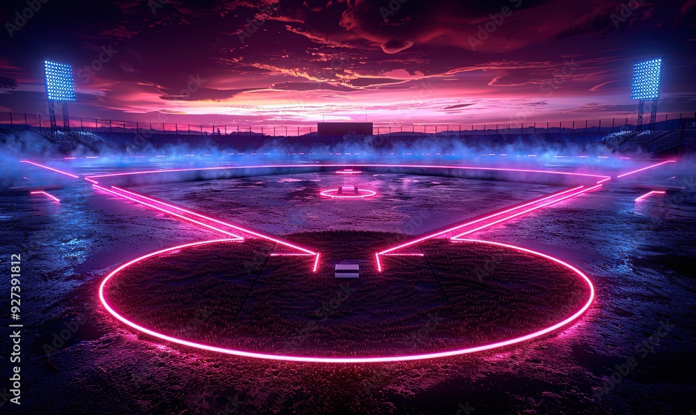 Canvas Prints a dynamic 3d render of a glowing neon baseball field stands out against a black background, creating