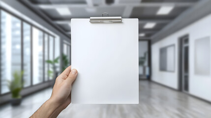 Clipboard held in hand with corporate daylight background